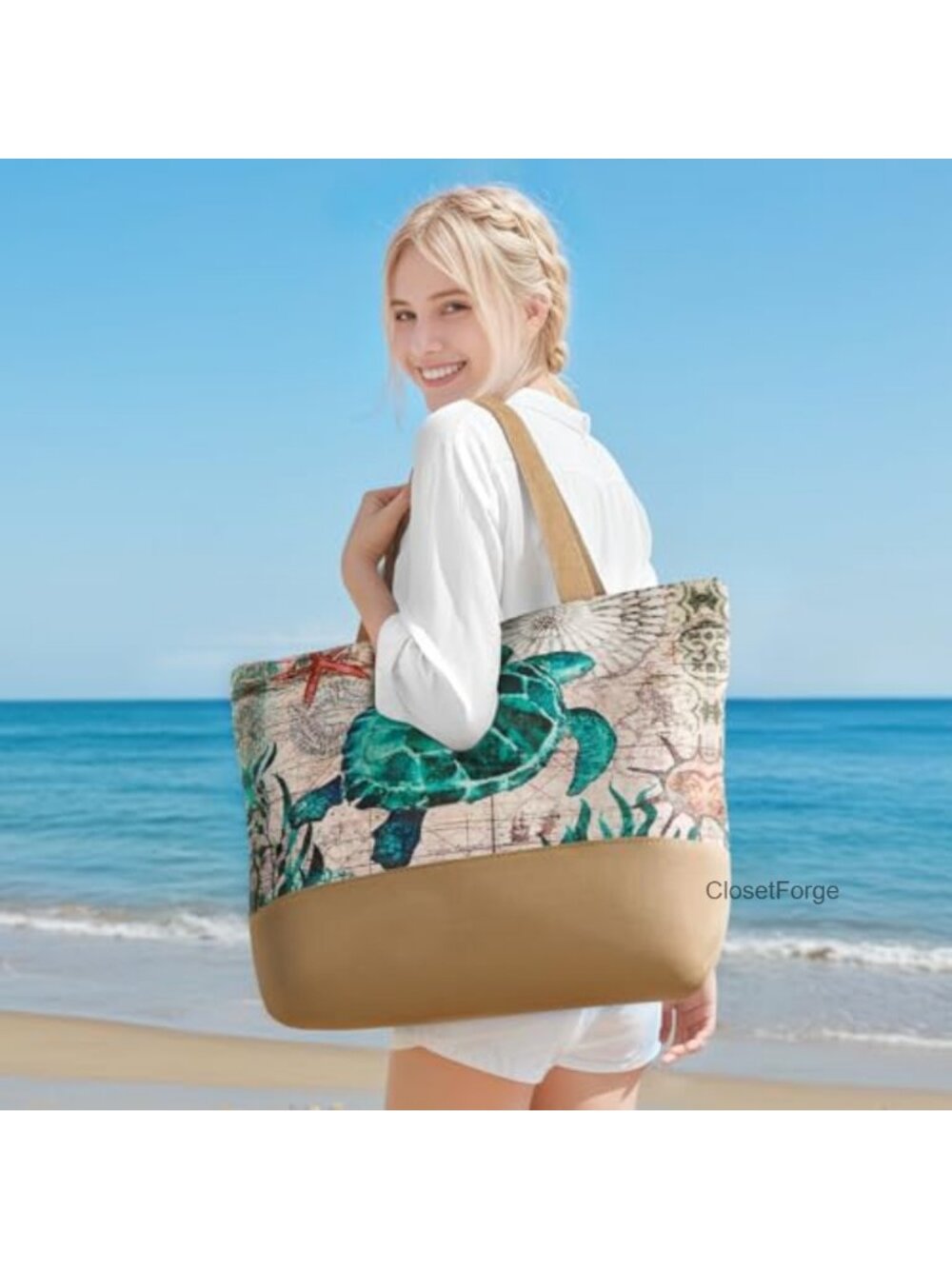 Jute Beach Tote Bag Waterproof Straw Beach Bag Womens Large Capacity Zipper - Picture 2 of 6